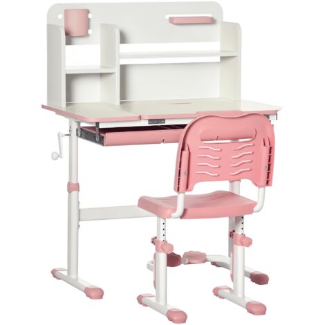 Ensemble de bureau et de chaise pour enfants réglables, table pour enfants inclinée à 60° avec tiroir, étagères et porte-stylo, âge 3+ ans, rose (1/5)