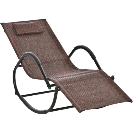 Chaise longue berçante extérieure avec accoudoirs, appuie-tête et effet rotin pour terrasse jardin Terrasse max. Charge 160 kg 157x60x80 cm Marron (1/5)