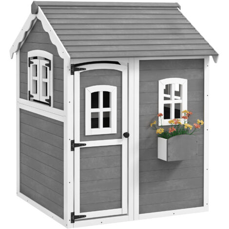Maison de jeu pour enfants, maison intérieure et extérieure avec porte, fenêtres et jardinière, bois de sapin, gris