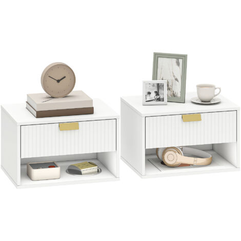 Ensemble de 2 tables de chevet flottantes avec tiroir à l’avant ondulé et étagère ouverte Modern Design 40x30x25 cm Blanc (1/5)