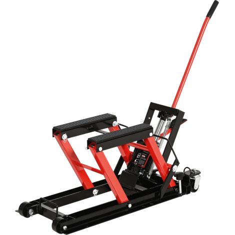 Support de cric hydraulique noir et rouge pour moto et quad. Hauteur réglable, plateforme antidérapante et capacité de charge élevée. (1/5)