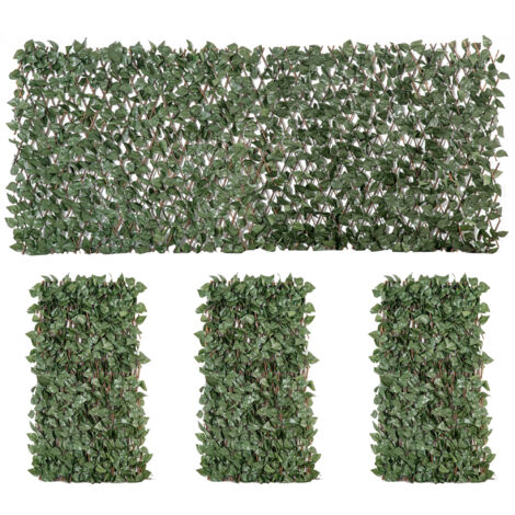 Lot de 4 Haies Artificielles de Lierre Extensible, Feuilles Murale Brise-vue en Polyester Osier, 200 x 100 cm, Vert