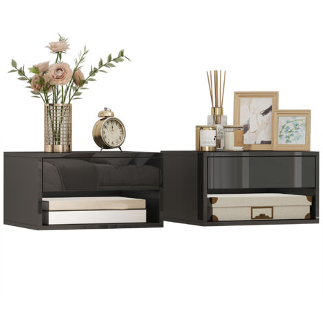 Ensemble de 2 tables de chevet flottantes avec tiroir pour la chambre 37x32x21 cm Noir brillant (1/5)