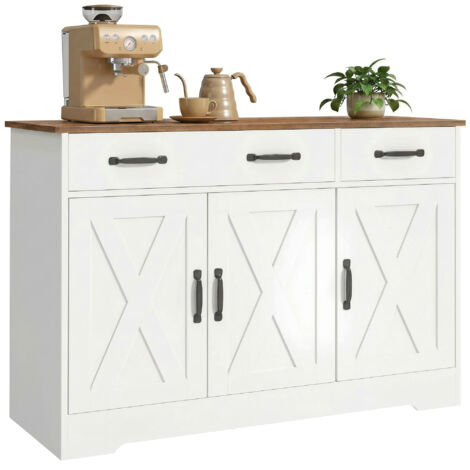 Buffet cuisine. meuble de rangement avec 3 portes de grange. 2 tiroirs et étagères réglables. 108 x 40 x 81 cm. blanc