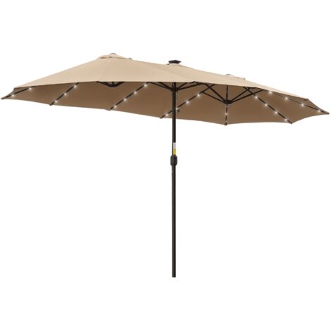 Double parapluie 450x265x240 cm avec 48 lumières LED Démarrage Protection solaire pour balcon terrasse Piscine kaki (1/5)