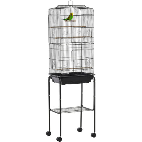 Cage à oiseaux avec support Cage métallique avec roues Plateau amovible et étagère 46,5x36x157 cm Noir (1/5)