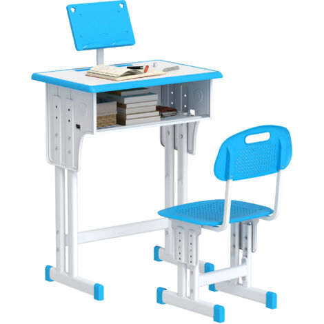 Ensemble de bureau et de chaise pour enfants avec hauteur réglable de +6 ans avec 1 tiroir et étagère 60x45x90-102 cm bleu (1/5)
