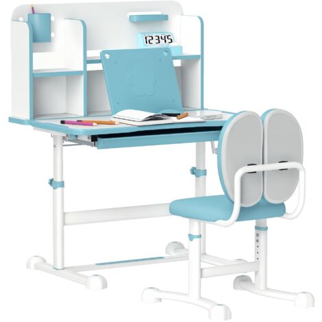 Bureau enfant 3-12 ans réglable, plateau basculant, tiroir étagère, acier MDF, pupitre, chaise incluse, couleur bleue (1/5)