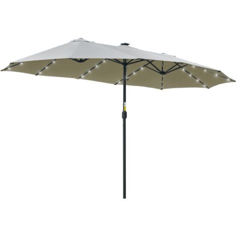 Parapluie double 450x265x240 cm avec 48 lumières LED Protection solaire à manivelle pour balcon terrasse Piscine gris clair (1/5)