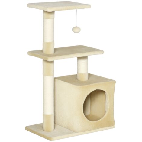 Griffoir pour chat avec nichoir, 2 plateformes et balle jouet, griffoir d’arbre en carton comprimé, sisal et peluche, 50x30x81,5 cm, beige (1/5)
