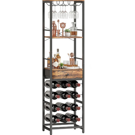 Armoire bar à vin avec porte-verre et support à bouteilles pour 12 bouteilles avec étagère ouverte Rustic Brown (1/5)