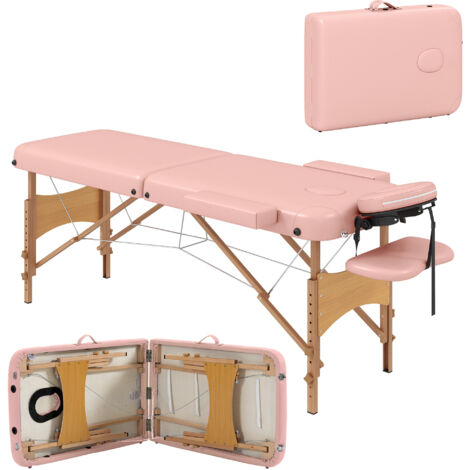 Table de massage pliante avec poignée amovible, cadre en bois et hauteur réglable 210x81x67-92 cm rose (1/5)