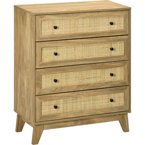 Commode avec 4 tiroirs Commode en bois avec façades en rotin style cannage pour chambre 80x35x95 cm Naturelles