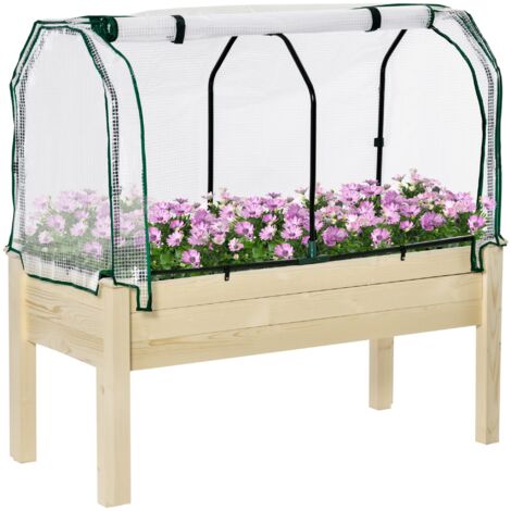 Table de jardin surélevée en bois naturel avec couverture protectrice. Grand espace de culture pour fleurs et potagers sur terrasse. (1/5)