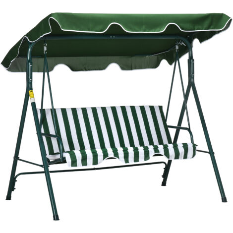 Balançoire de jardin 3 places avec coussin de toit réglable et cadre en acier 172x110x153 cm à bandes vertes et blanches (1/5)