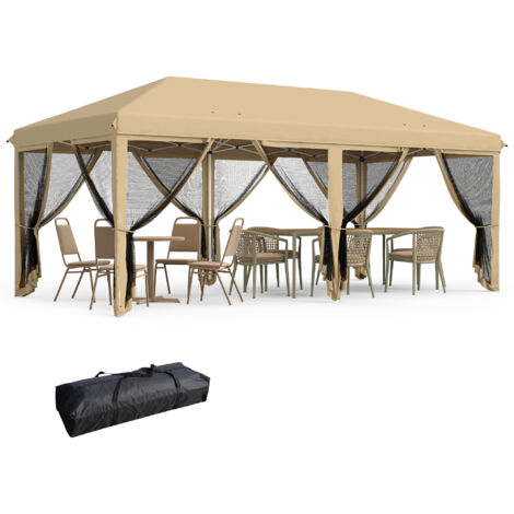 Kiosque de jardin 6x3m pliant avec moustiquaire, réglable en hauteur et sac de transport, beige