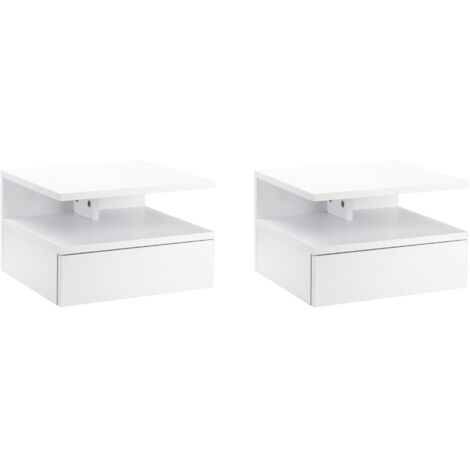 Ensemble de 2 tables de chevet flottantes, tables de chevet de chambre avec tiroir, étagère ouverte, pour le salon, 35x32x22,5 cm, blanc (1/5)