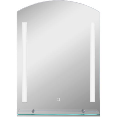 Miroir de salle de bain avec lumières LED 70x50 cm, interrupteur tactile, éclairage dimmable et étagère en verre argenté (1/5)