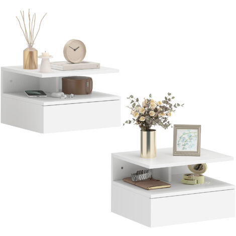 Ensemble de 2 tables de chevet flottantes avec tiroir mural fixé en tirant 35x32x22,5 cm blanc (1/5)