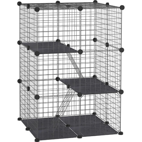Cage pour petits animaux à 3 niveaux avec rampes et forme personnalisable pour cochons d’Inde, lapins 70x70x105 cm Noir (1/5)