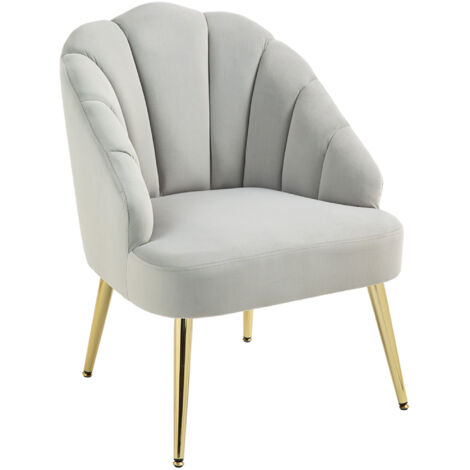 Fauteuil rembourré avec dossier en coquillage, fauteuil en velours pour chambre et salon avec pieds dorés, pour chambre et salon, gris (1/5)