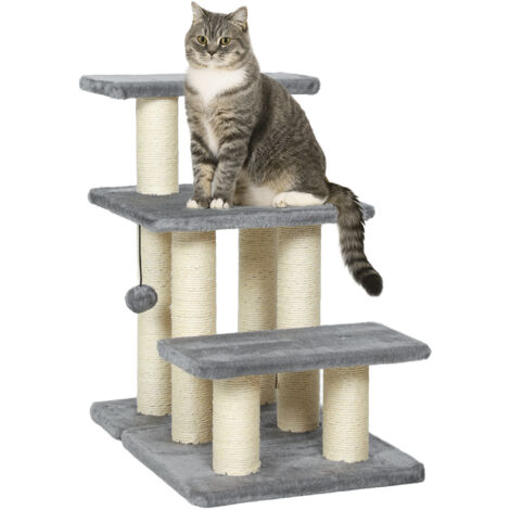 Échelle à 3 marches pour chat Hauteur réglable avec griffoirs et charge à billes suspendues 10 kg 52x34,5x54 cm Gris (1/5)