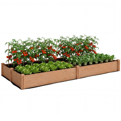 Carré Potager en Bois Lit de Jardin Surélevé 4 Zones de Culture Fond Ouvert Montage sans Outil 234x109x25cm Marron Clair (1/5)