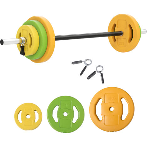 Ensemble barre et plaques 20 kg avec 6 poids et 2 clips, barre métal antidérapante, PU et sable, Ø25 mm, 130x28x28 cm, multicolore (1/5)