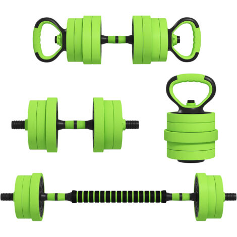 Ensemble de musculation 4-en-1 de 20 kg. Convertible en kettlebell. 2 haltères. Soutien avec haltère et pompes. Vert (1/5)
