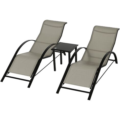 Ensemble de 2 chaises longues grises et table d’appoint en verre trempé. Accoudoirs confortables pour un espace de détente extérieur élégant. (1/5)