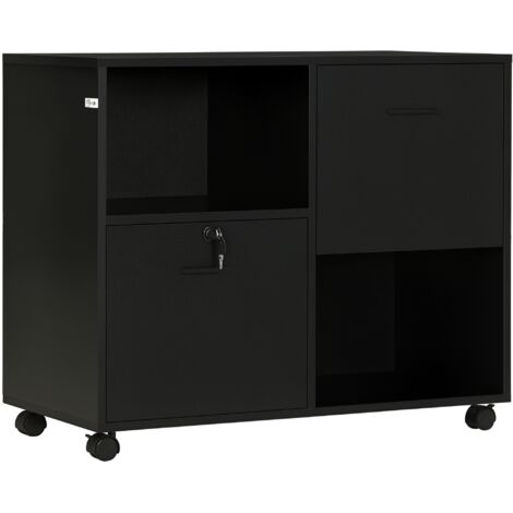 Commode de bureau avec 2 tiroirs à documents et étagères ouvertes en carton compressé, poignées en acier, roues avec serrure, 80x40x66cm, noir (1/5)