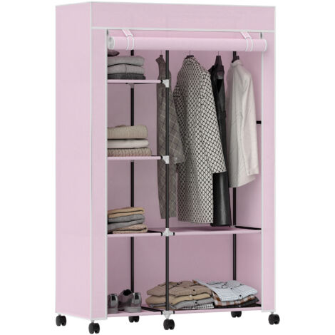 Armoire en tissu avec roulettes Armoire portable avec 6 étagères et 1 barre suspendue pour chambre 103x43x162,5 cm Rose (1/5)