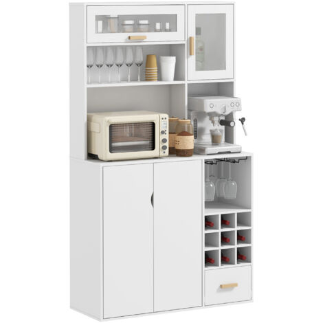 Haut placard garde-manger, porte-bouteilles, 3 placards, 4 étagères, 1 tiroir, carton particules/bois pin, 100x38x172cm, blanc (1/5)