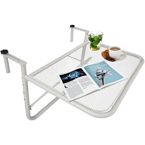 Table suspendue de balcon avec bras réglable et hauteur réglable en 3 positions, cadre métallique 60x56x50 cm blanc (1/5)