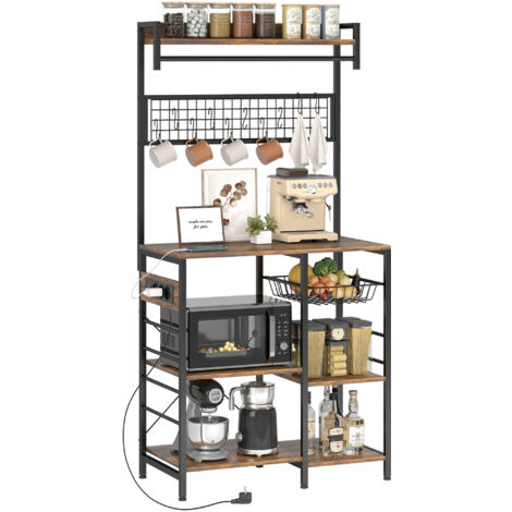 Étagère de cuisine avec trois prises et lumières LED industrielles avec étagères micro-ondes 80x42x162 cm Rustic Brown