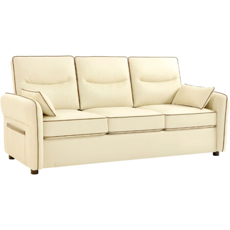Canapé 3 places en simili cuir avec un rembourrage épais, poche latérale et 2 coussins, 190x83x90 cm, beige (1/5)