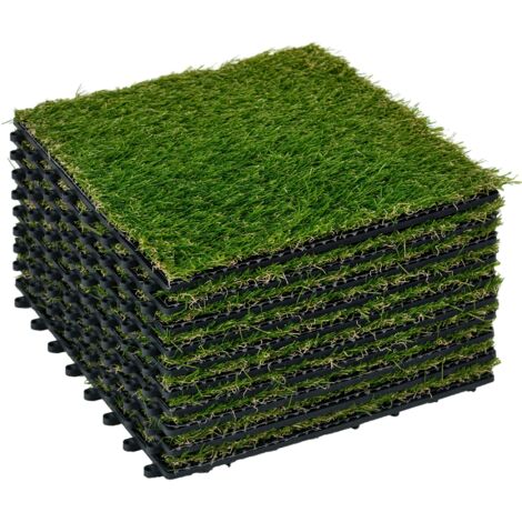 Tapis en gazon synthétique de 10 pièces 30x30 cm avec une hauteur de gazon de 20 mm et un vert foncé anti-UV (1/5)