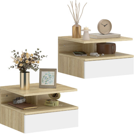 Ensemble de 2 tables de chevet flottantes avec tiroir mural fixées 35x32x22,5 cm en chêne et blanc (1/5)