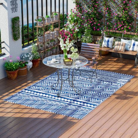 Tapis réversible 182x274 cm Style moderne pour terrasse balcon terrasse Plage Plage bleu foncé et blanc (1/5)