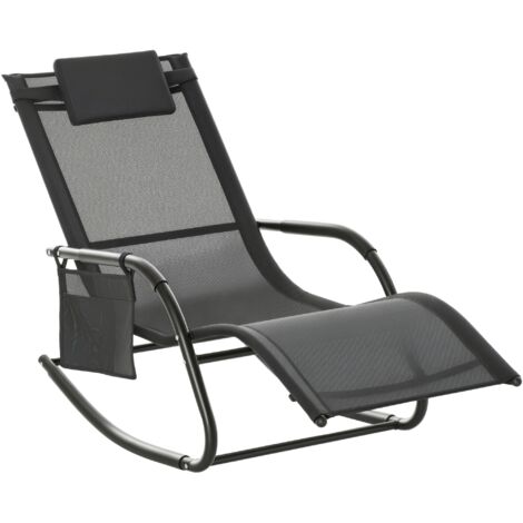 Fauteuil berçant d’extérieur Fauteuil berçant avec accoudoirs, appuie-tête rembourré et poche latérale 150x62x88 cm noirs (1/5)