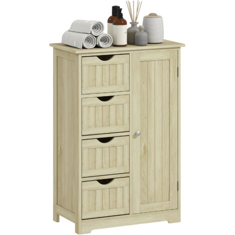 Armoire de salle de bain Colonne étroite avec 4 tiroirs et étagère réglable Style moderne 56x30x83 cm en bois naturel (1/5)