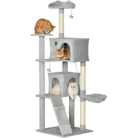 Arbre à gratter pour chat 180 cm avec plateformes Lit 2 grottes Hamac Échelle Poteaux en sisal Gris clair (1/5)