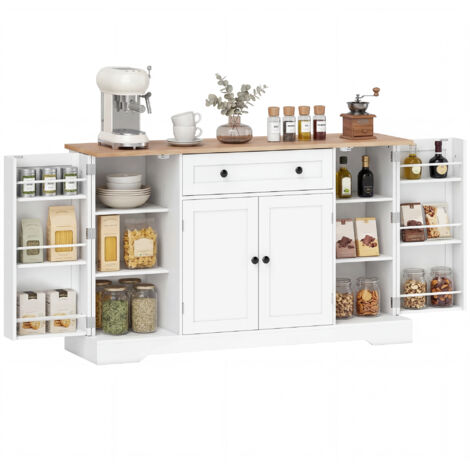 Buffet de cuisine avec étagères à tiroirs sur les portes Étagères réglables Bar à café 138x40x83,5 cm Blanc (1/5)