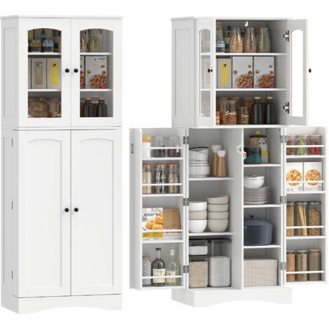 Buffet haut cuisine, vaisselier vitrine en acrylique, 4 portes, 10 compartiments, 8 porte-racks, 60 x 40 x 162 cm, blanc