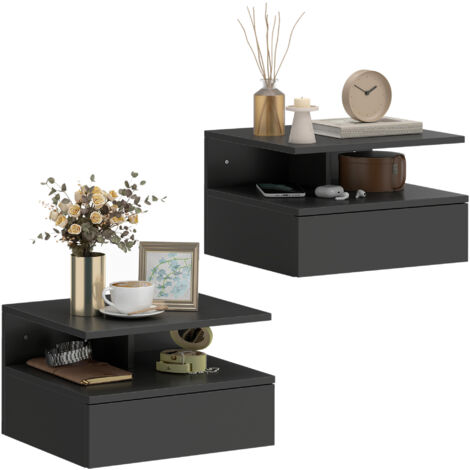 Ensemble de 2 tables de chevet flottantes avec un tiroir mural noir 35x32x22,5 cm (1/5)