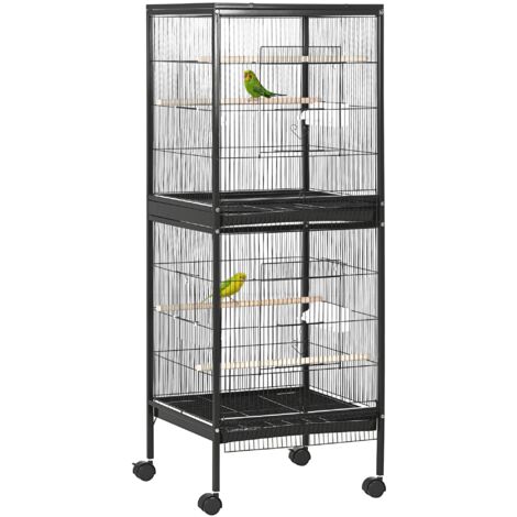 Cage à oiseaux à deux niveaux avec roues, plateaux amovibles, portes, mangeoires, perchoirs 51,5x50x140 cm, noir (1/5)