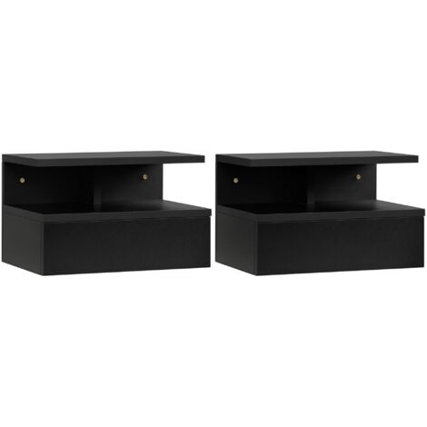 Ensemble de 2 tables de chevet flottantes, tables de chevet de chambre avec tiroir, étagère ouverte, pour le salon, 35x32x22,5 cm, noires (1/5)
