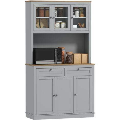 Garde-manger de cuisine avec 3 portes vitrées Compartiment ouvert 2 tiroirs et étagères réglables 100x40x180 cm Gris (1/5)