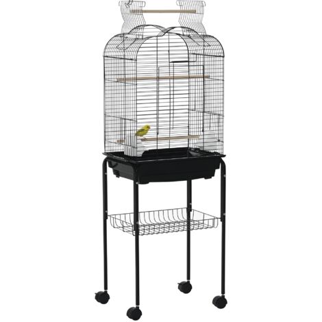 Cage à oiseaux avec support Cage à canari avec 4 roues Toit ouvrible 2 mangeoires 3 perchoirs Plateau amovible et étagère inférieure 46x36x130 cm Noir (1/5)