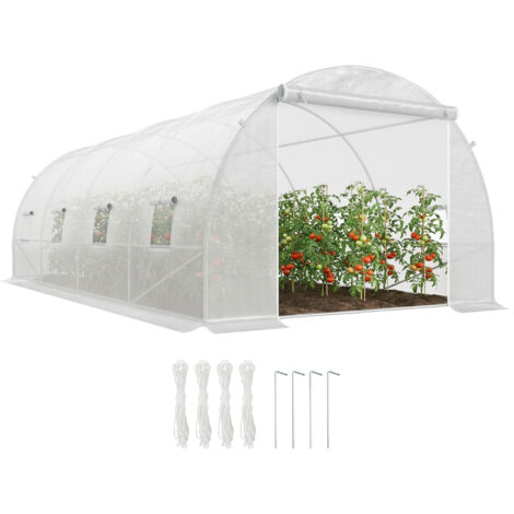 Serre tunnel 6x3x2m Serre en terrasse avec 8 fenêtres Revêtement en polyéthylène 140 g/m² Cadre en acier blanc (1/5)